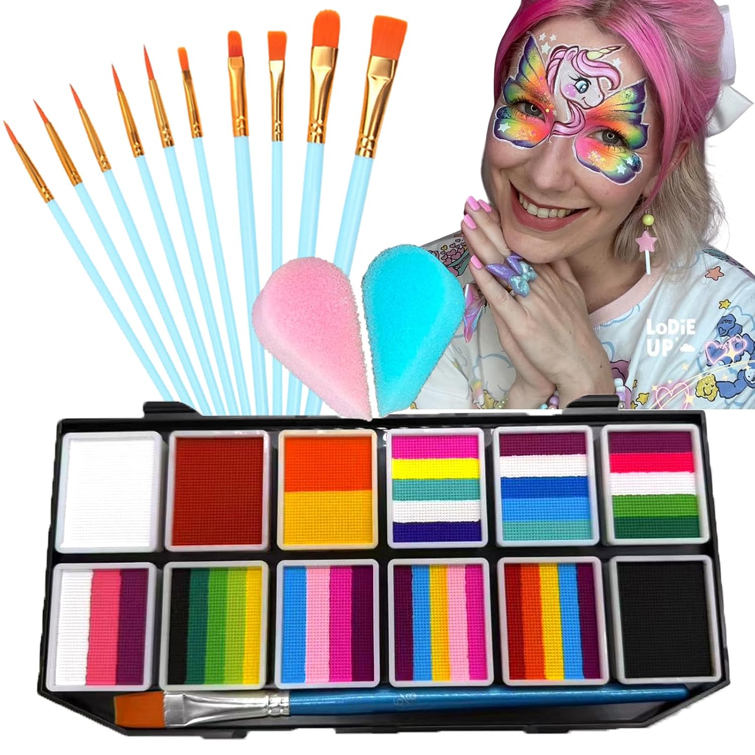 Face Painting Kit , 42 Colors Professional Face Paint Makeup Kit Non-Toxic Water Activated Facepaint Palette with Brush, Stencil, Sponge, Gem, for Party Halloween
