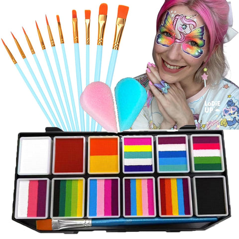 Face Painting Kit , 42 Colors Professional Face Paint Makeup Kit Non-Toxic Water Activated Facepaint Palette with Brush, Stencil, Sponge, Gem, for Party Halloween