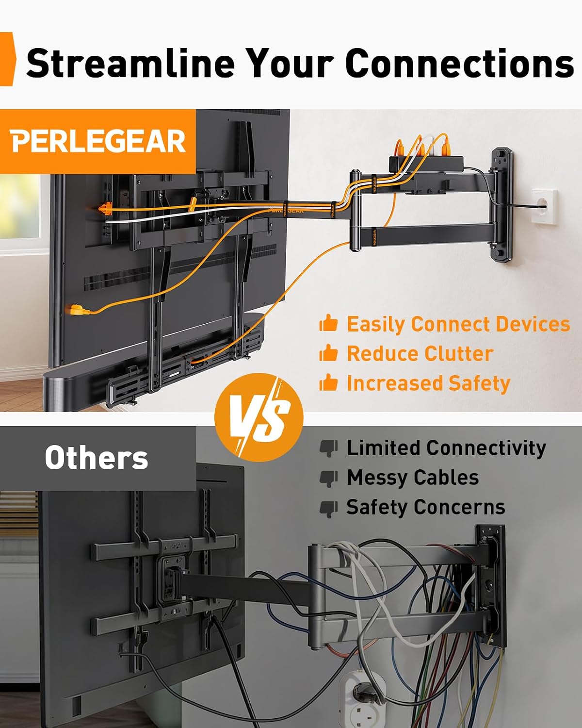 Perlegear Long Arm Full Motion TV Mount with Power Strip for 42–75 inch TVs