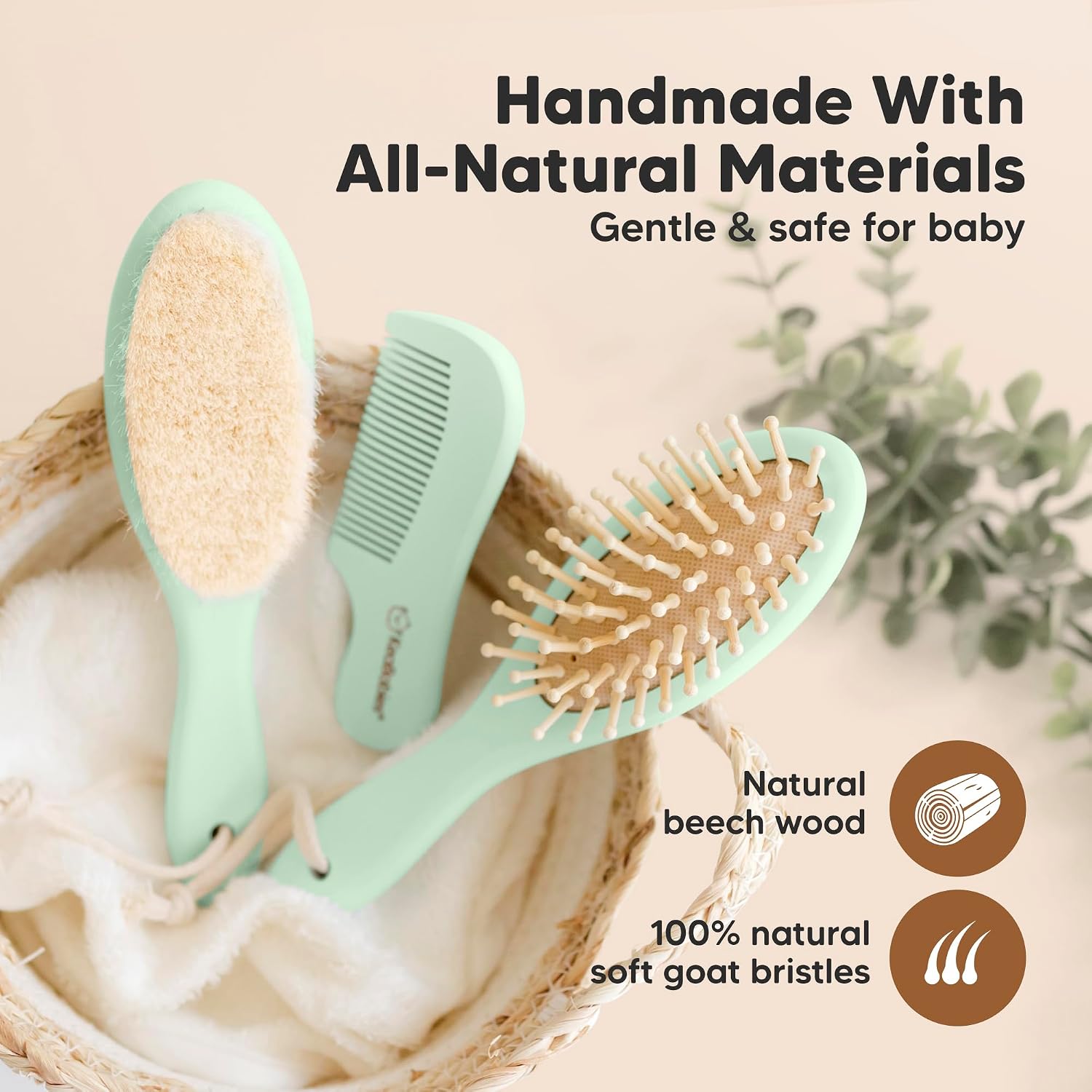 Wooden Baby Hair Brush Set for Newborns, Toddler Comb (Sage, Regular)