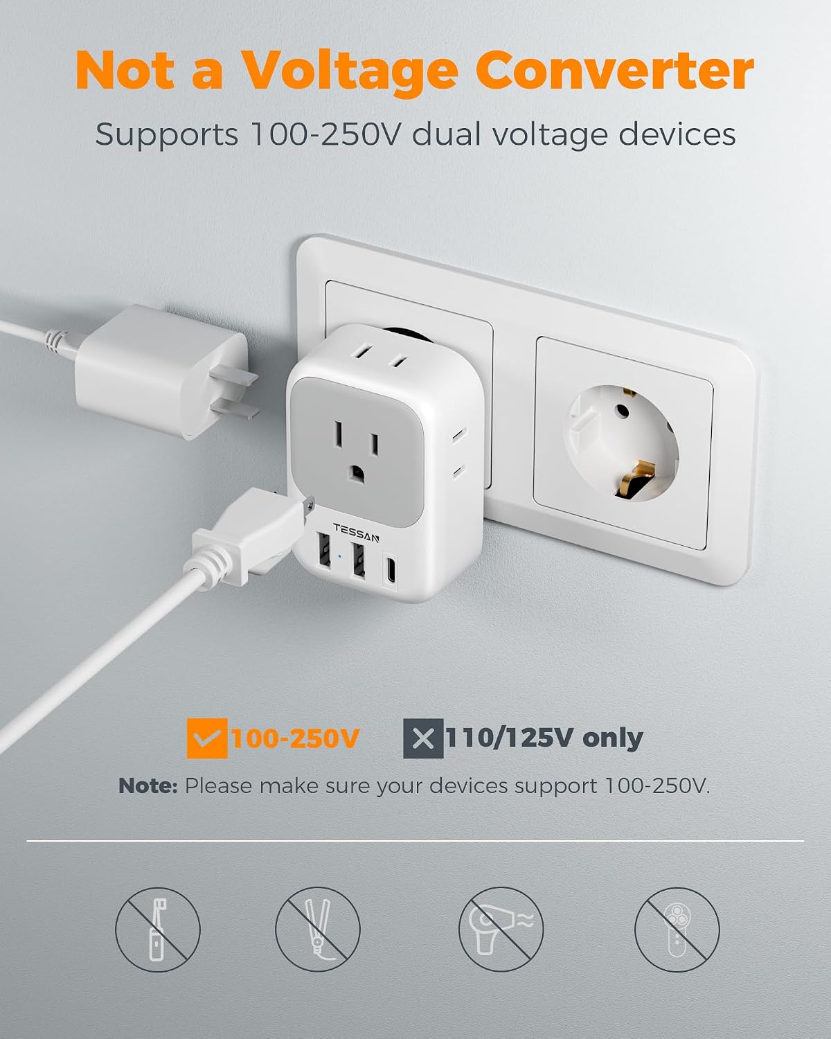 TESSAN European Travel Plug Adapter USB C, International Plug Adaptor