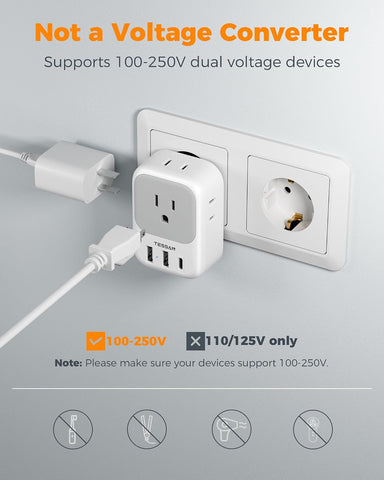 TESSAN European Travel Plug Adapter USB C, International Plug Adaptor