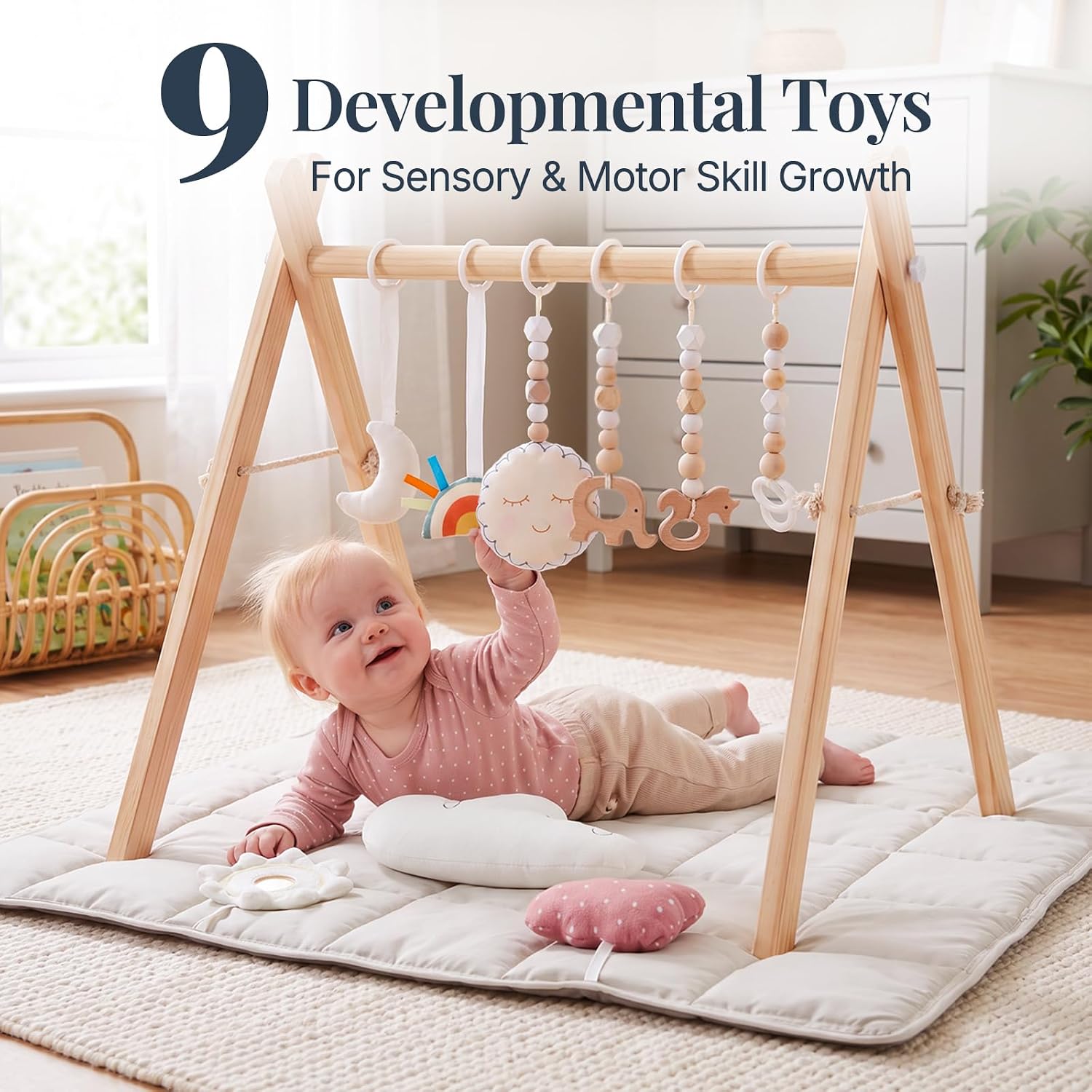 Wooden Play Gym with Beige Mat, Foldable Baby Play Gym, Infant Activity Mat with 6 Hanging Toys, Natural Pine Wood Frame Activity Center, Easy to Assemble & Clean, Newborn Present for Boys & Girls