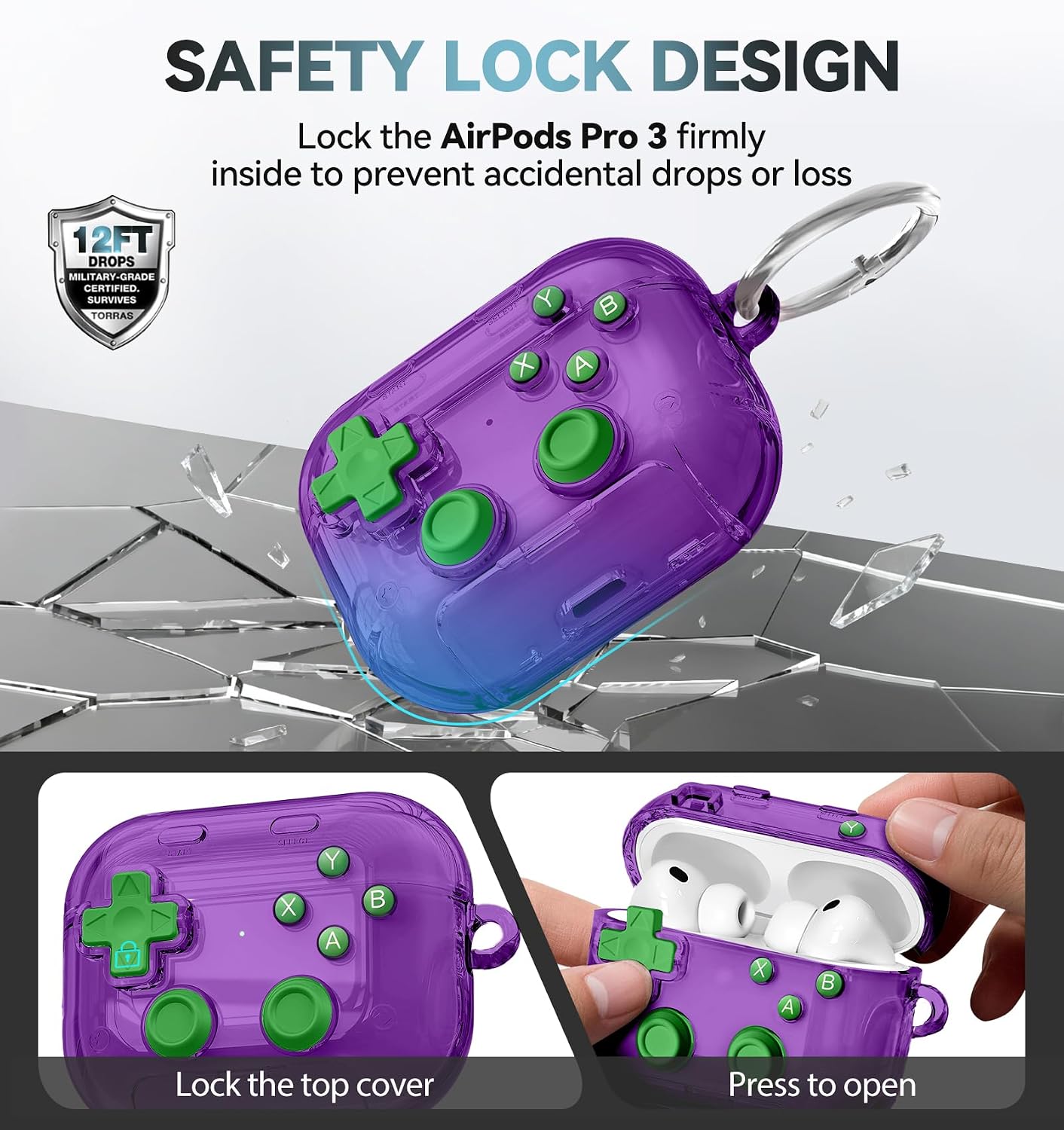 for AirPods Pro 3 Case Cover 2025 with Safety Lock-Clear Purple