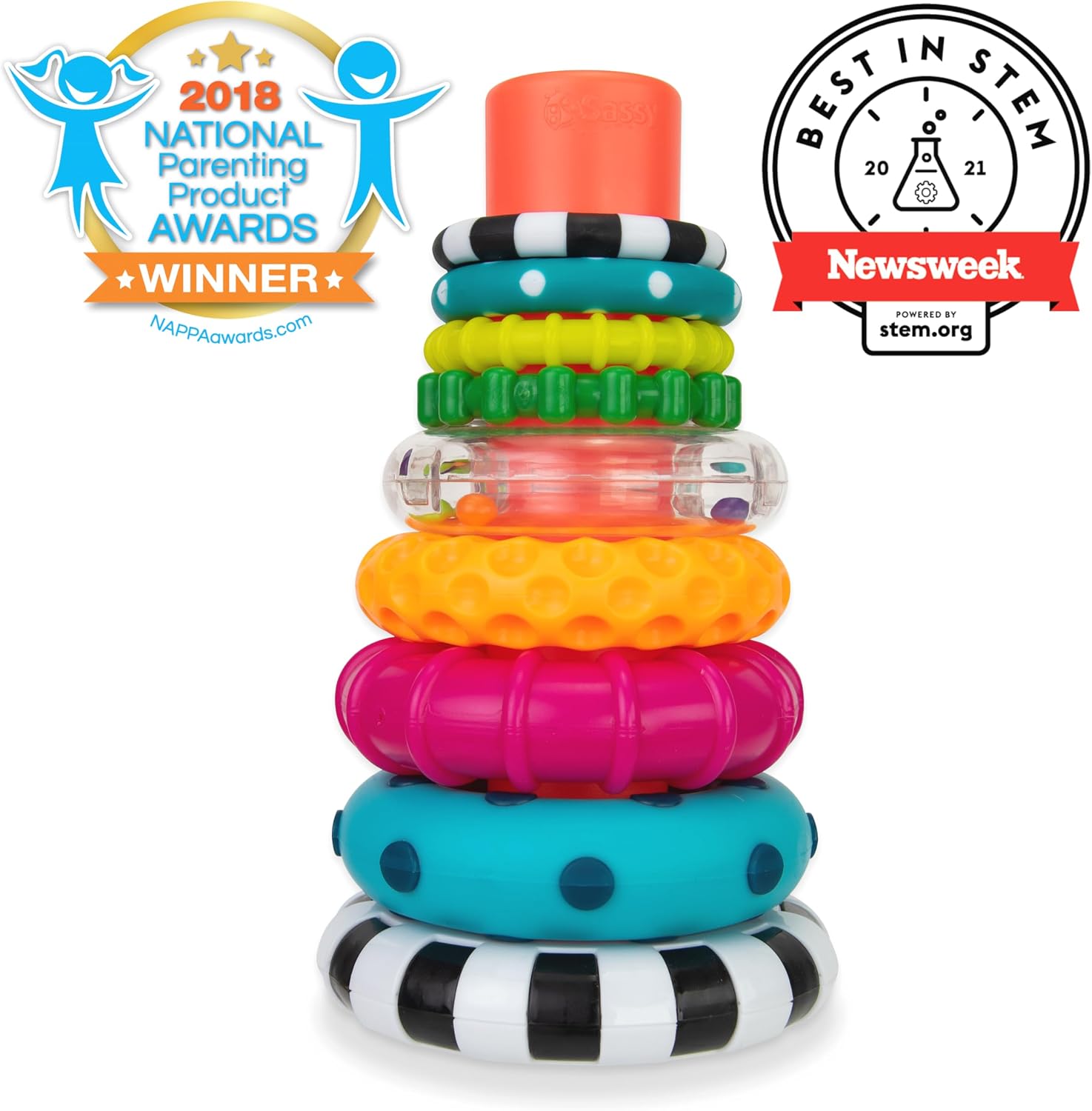 Sassy Stacks of Circles Stacking Ring STEM Learning Toy, Age 6+ Months, Multi, 9 Piece Set