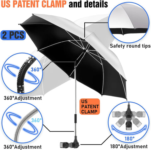 2 PACK Beach Umbrella with Clamp, 360 ° Adjustable Umbrellas for Chair, UPF50+ Umbrella for Beach Chair, Patio Chair, Wheelchair, Camping Chair, Golf Carts (Chair Not Included)