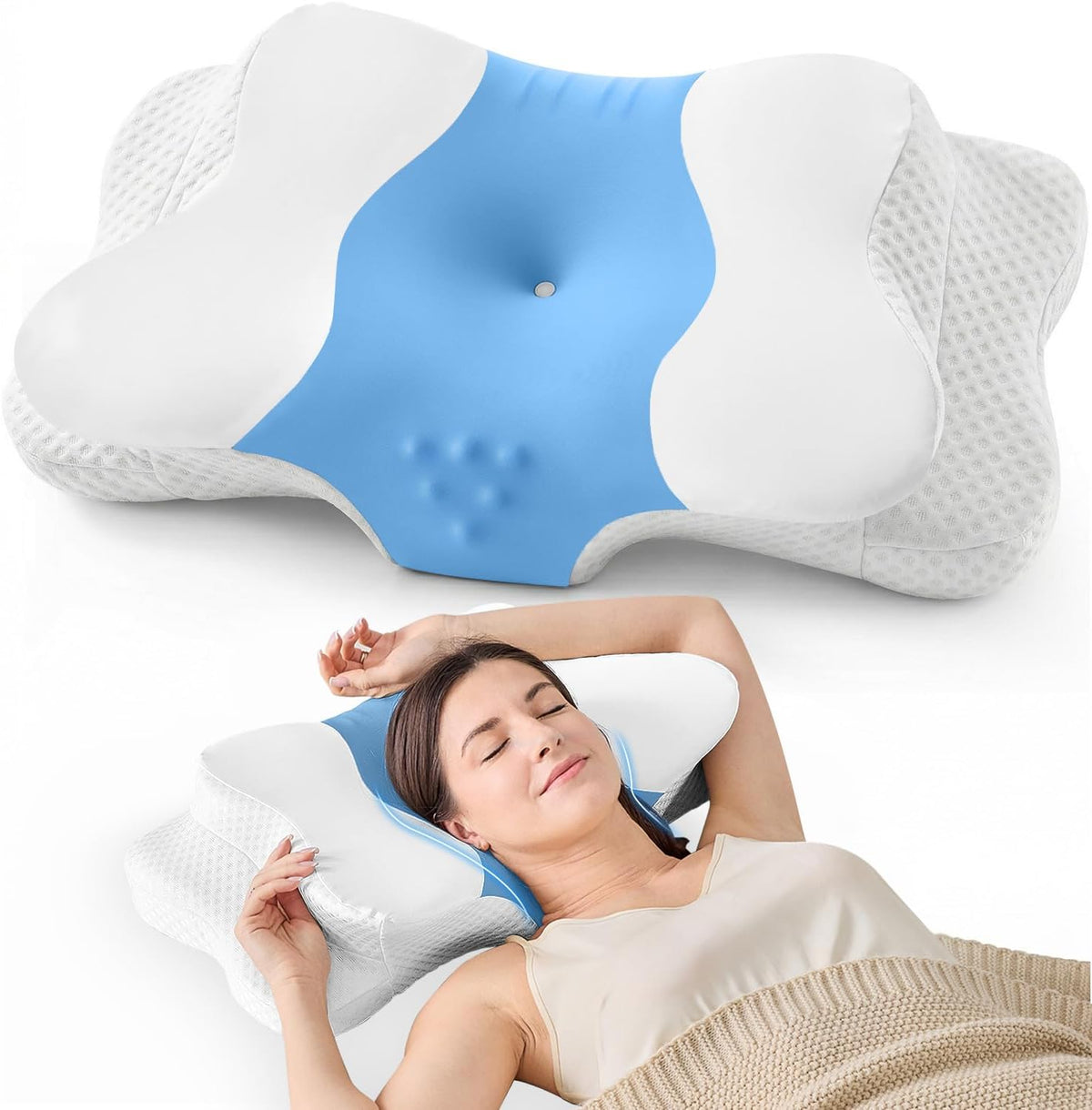 DISSA Cervical Neck Pillow for Side Sleepers Ergonomic Contour Memory Foam Pillow with Adjustable Orthopedic Neck Support for Pain Relief - Gift for Christmas & Birthdays - Blue