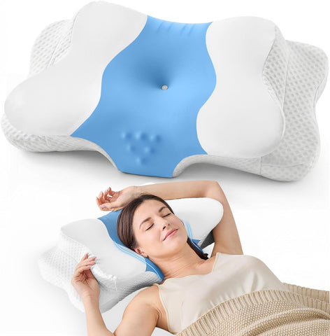 DISSA Cervical Neck Pillow for Side Sleepers Ergonomic Contour Memory Foam Pillow with Adjustable Orthopedic Neck Support for Pain Relief - Gift for Christmas & Birthdays - Blue