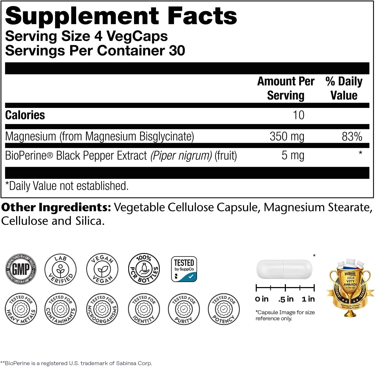 SOLARAY Enhanced Absorption Magnesium Glycinate 350 mg, 120 VegCaps
