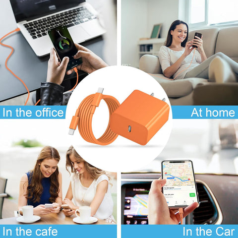 for iPhone 17 16 15 Charger Fast Charging 10FT Cable 20W USBC Cube Orange
