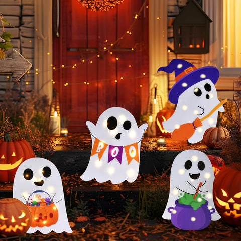 Lighted Cute Ghost Yard Signs, 4 Packs Halloween Decorations Outdoor Scary Witch Pumpkin Boo Signs with Lights for Lawn Garden Yard Stakes Outside Halloween Decoration Decor Clearance