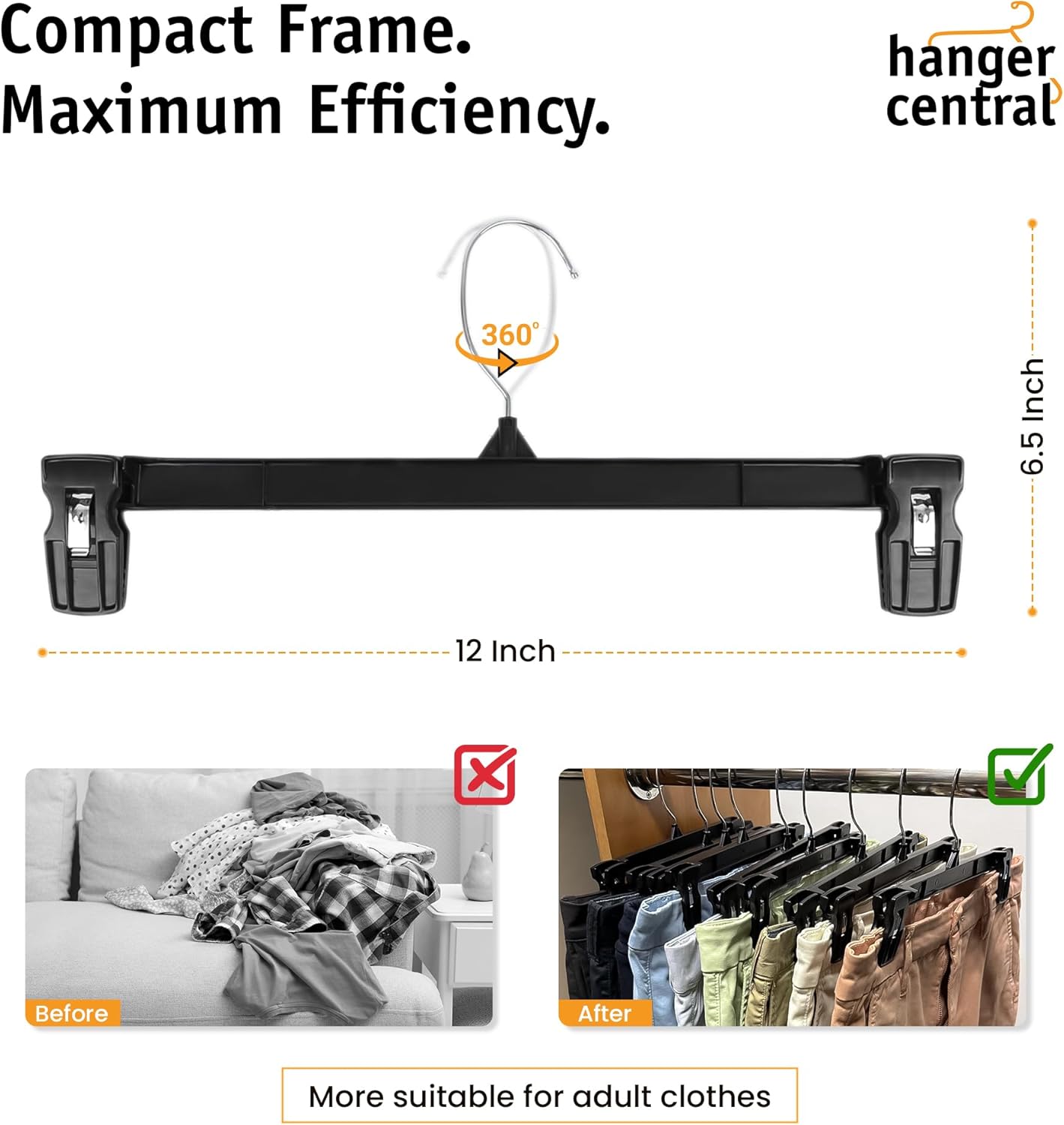 12 Inch Pants Hangers, Black, 12 Pack