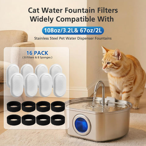 16 Pack Cat Water Fountain Filters for Stainless Steel Pet Water Dispenser