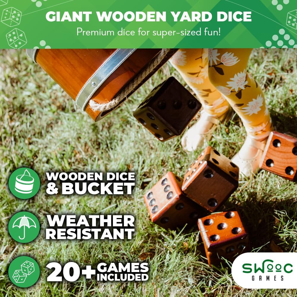 Swooc Games - Yardzee, Farkle & 20+ Giant Dice Games (All Weather) Yard Dice with Wooden Bucket, 5 Scorecards & Marker - Jumbo Dice Yard Game - Extra Large Yard Game for Adults - Jumbo Lawn Fun