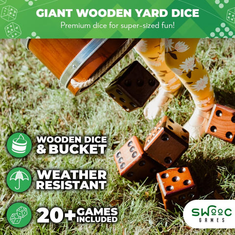 Swooc Games - Yardzee, Farkle & 20+ Giant Dice Games (All Weather) Yard Dice with Wooden Bucket, 5 Scorecards & Marker - Jumbo Dice Yard Game - Extra Large Yard Game for Adults - Jumbo Lawn Fun