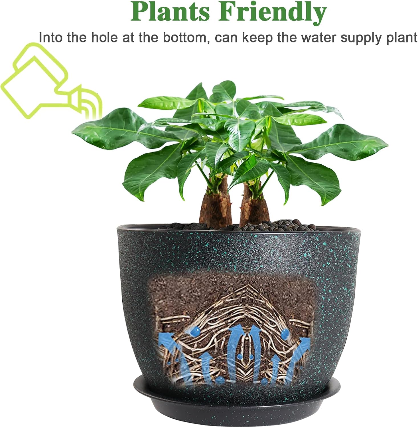 UOUZ 12inch Large Plant Pot, Modern Plastic Planter with High Driange Holes and Saucer for Indoor Outdoor Garden Plants and Flowers, Black with Green Speckles