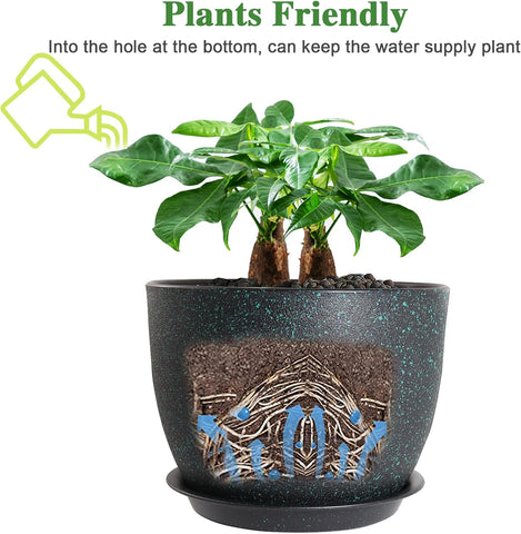 UOUZ 12inch Large Plant Pot, Modern Plastic Planter with High Driange Holes and Saucer for Indoor Outdoor Garden Plants and Flowers, Black with Green Speckles
