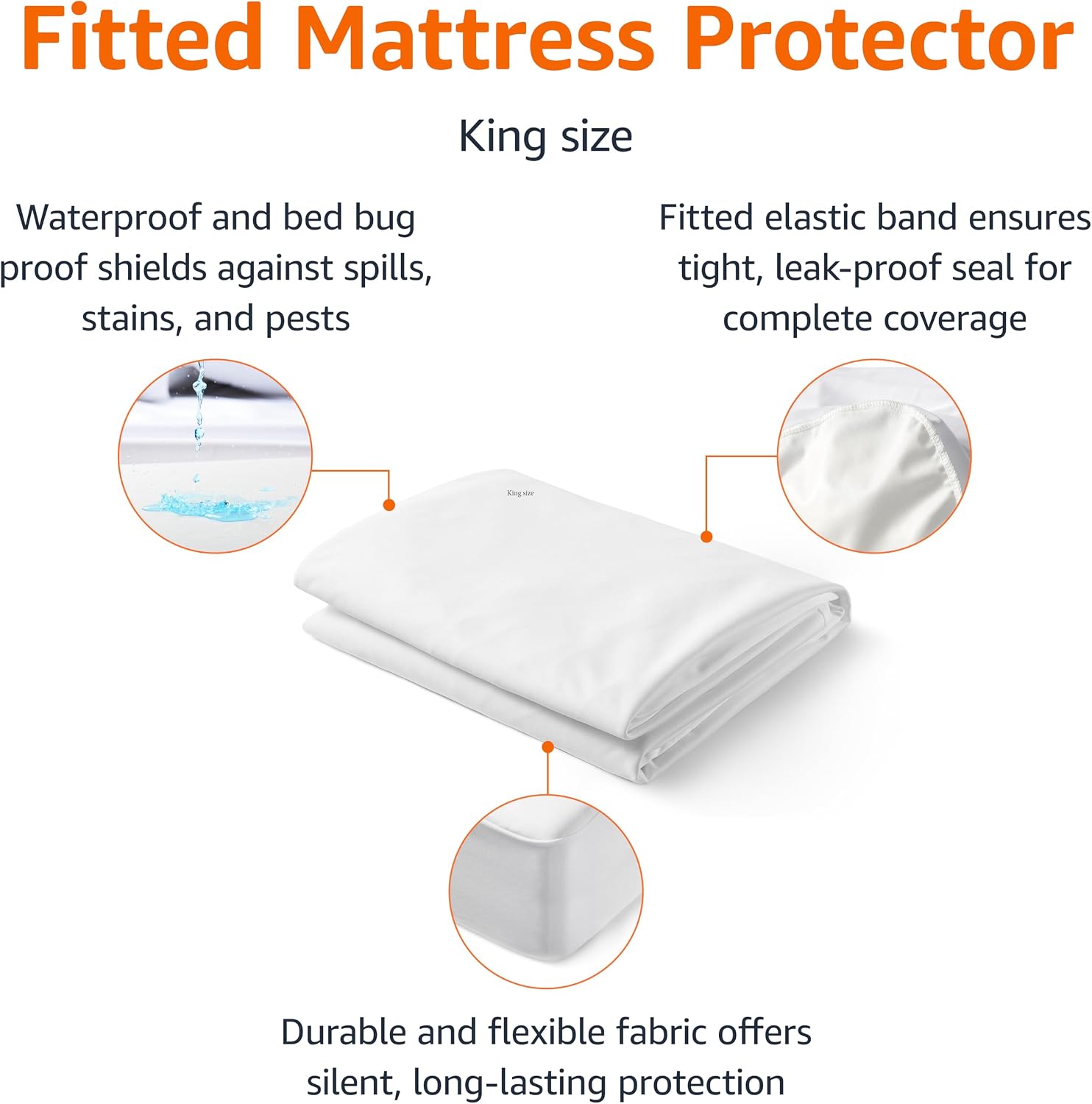 Amazon Basics Waterproof Mattress Protector, Bed Bug and Dust Mite Barrier, King, White