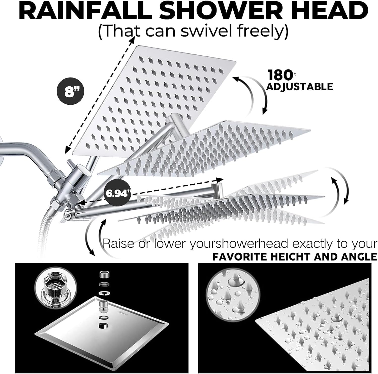 Filtered Shower Head,8 Inch Rain Shower Head with Handheld Spray Combo, Adjustable High Pressure Rainfall Shower Head, Dual Showerhead Set with Extension Arm and 60 Inch Long Shower Hose(Silver)