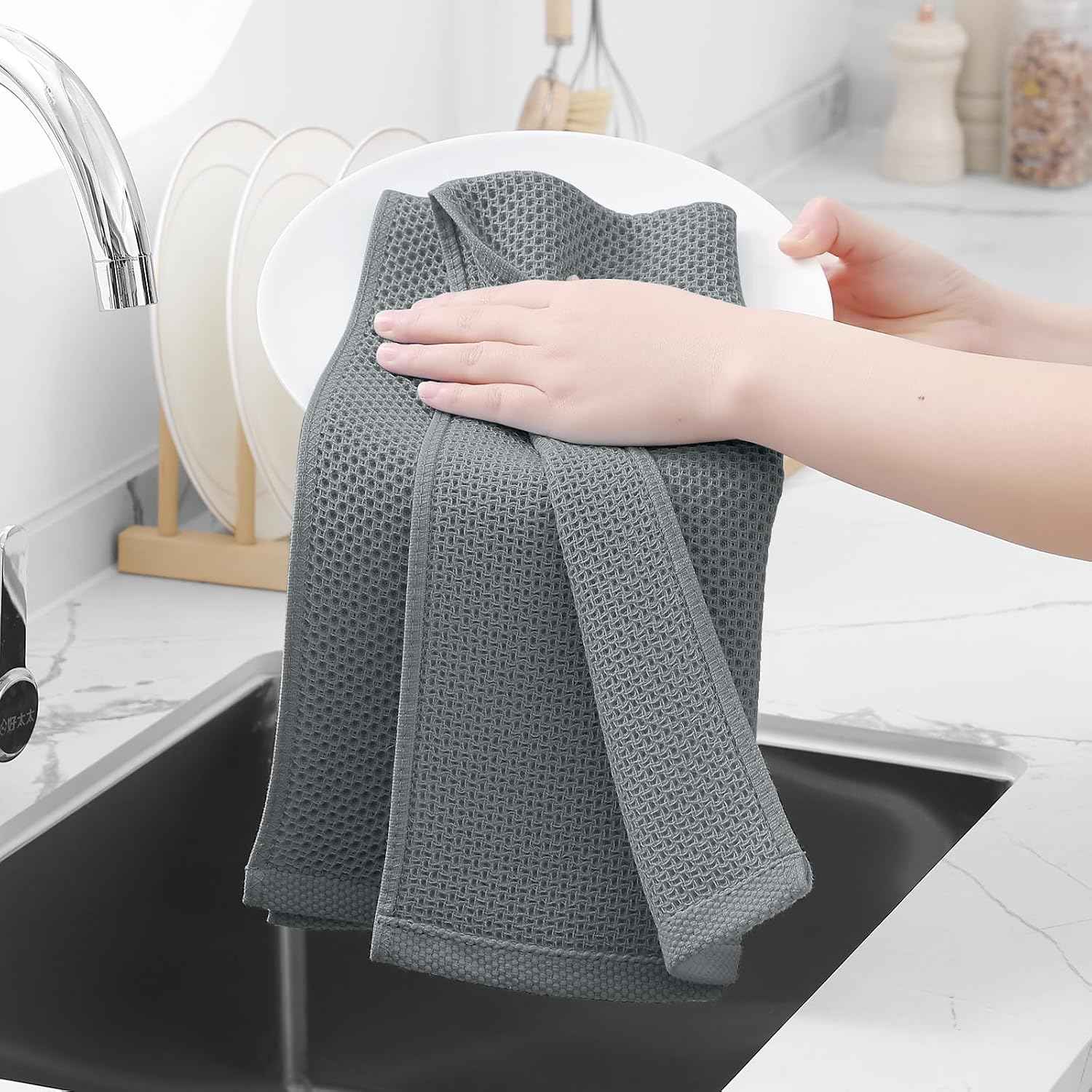 Homaxy 100% Cotton Waffle Weave Kitchen Dish Towels 6-Pack, Grey