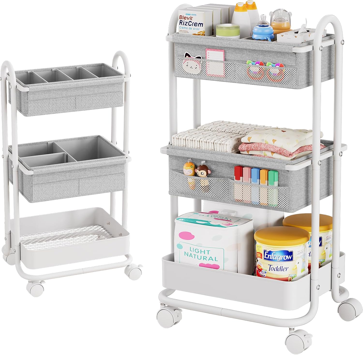 Modanais Baby Diaper Caddy Organizer Cart - 3 Tier Rolling Cart, Light Gray