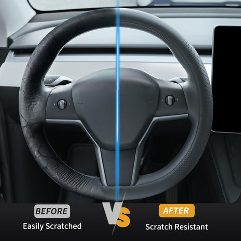 Uxcer Nappa Leather Steering Wheel Cover Compatible with Tesla Model 3/Y 2016-2025 2026 Juniper/Highland, Non-Slip Breathable Model 3/Y Steering Wheel Protector, Black