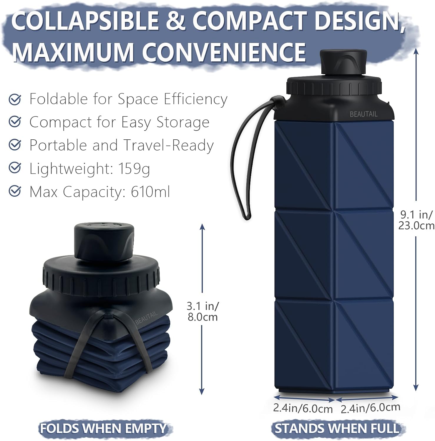 BEAUTAIL Collapsible Water Bottles 21 oz, Silicone Portable Water Bottle