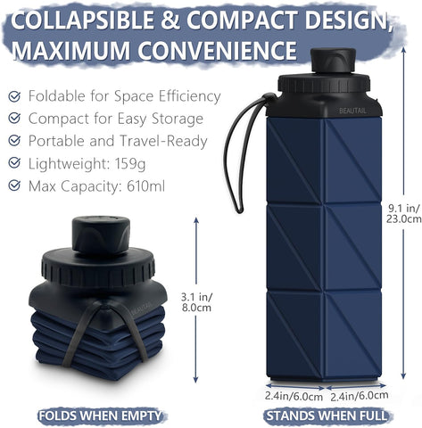 BEAUTAIL Collapsible Water Bottles 21 oz, Silicone Portable Water Bottle