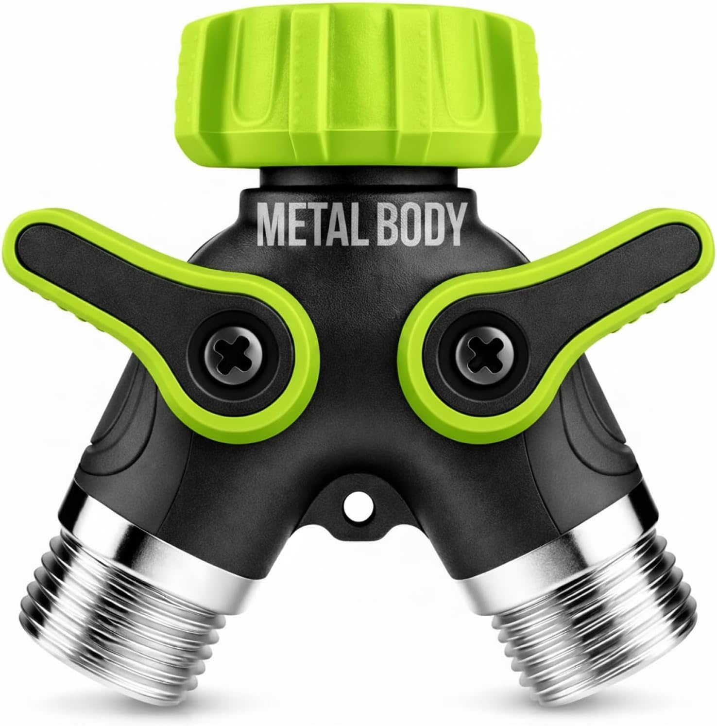 2 Way Hose Splitter Heavy Duty - Metal Y Garden Hose Splitter with Shutoff Valves, Brass Outdoor Faucet Adapter for Spigot, 3/4 Inch GHT Water Hose Connector - Green