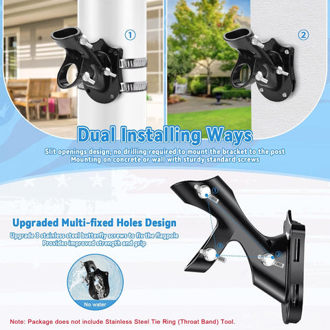 Flag Pole Holder for Outside House, REERON 2-Positions Metal Flagpole Bracket Mounts, 1" Aluminium Rustproof Flag Pole Wall Porch Mounting Brackets with 3 Fixed Holes & Steel Hardwares (Black-1 Pack)