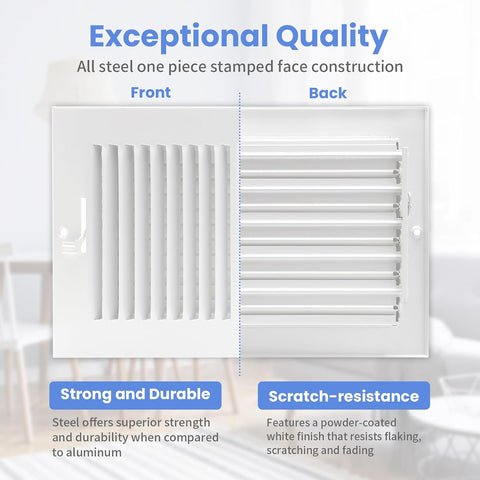 10 x 6 Inch [Duct Opening] Air Vent Covers for Wall or Ceiling - High Airflow 2 Way Steel Ventilation - Adjustable Wall/Ceiling Register, 11-3/4 Inch x 7-3/4 Inch [Overall Dimensions]