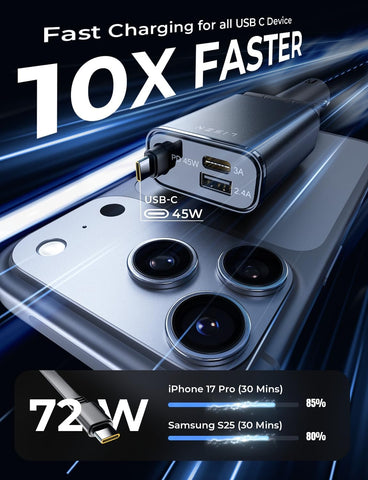 LISEN 72W Retractable Car Charger Ultra-Compact USBC Fast Car Charger