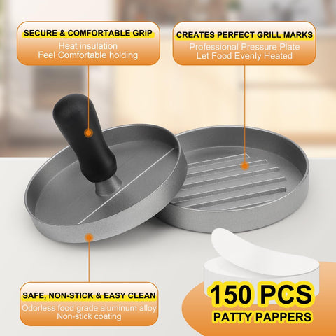 TACGEA Burger Press 150 Patty Papers, Non-Stick Hamburger Patty Maker with Wax Paper, Aluminum Burger Maker for Kitchen BBQ Grill
