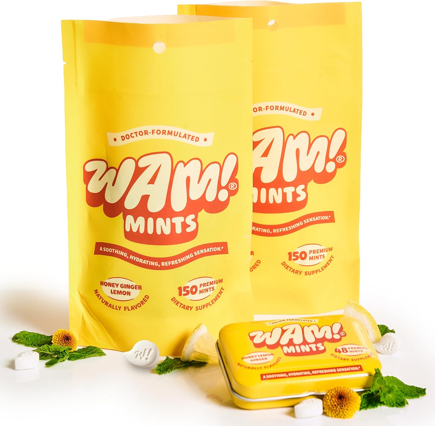 WAM! Honey Lemon Ginger Mints, Sugar Free Breath Mints, 1 Tin + 2 Pouches