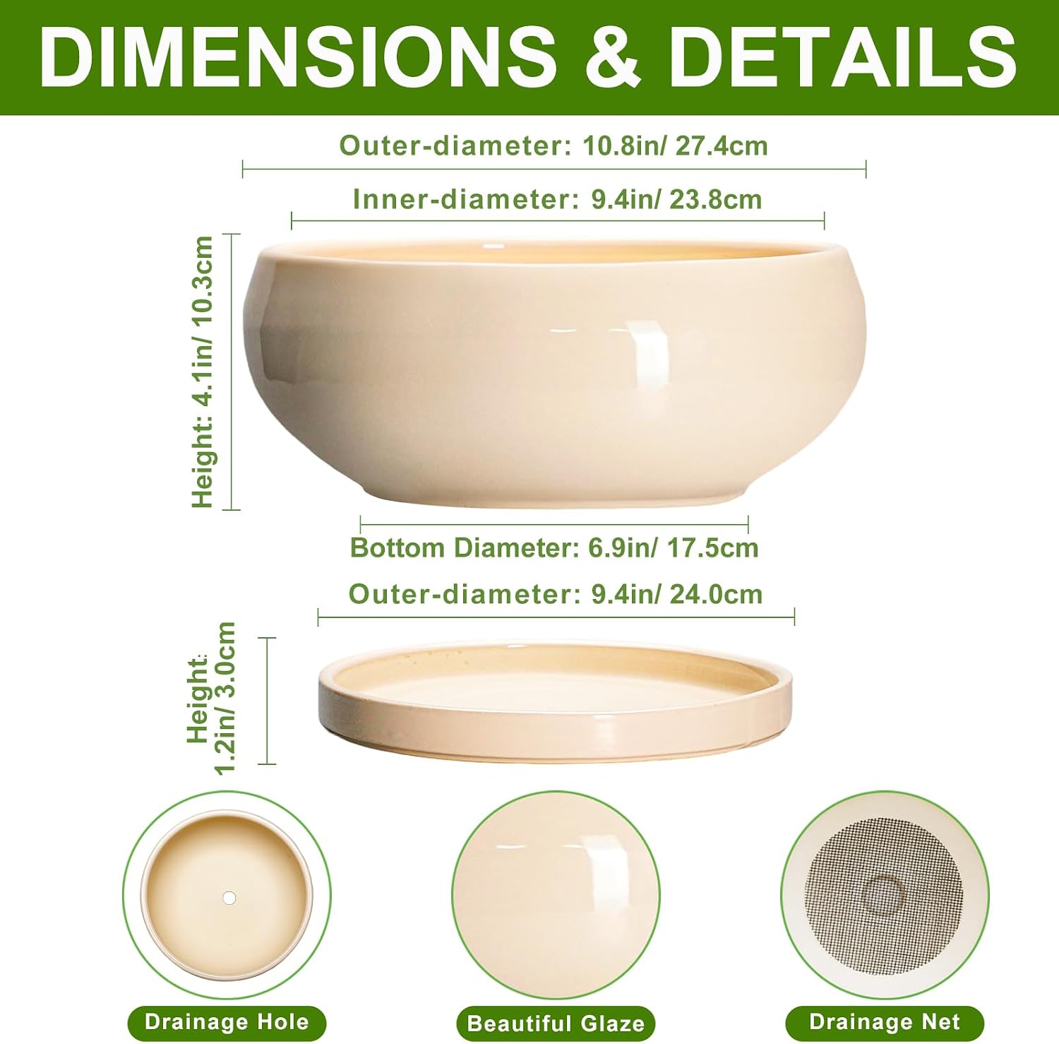Bonsai Pots - 10 Inch Ceramic Succulent Planters Indoor Outdoor, Bonsai Planters with Drainage Hole and Saucer, Round Shallow Planter, Bowl Planter, House Decor, Gifts for Plant Lover, Beige