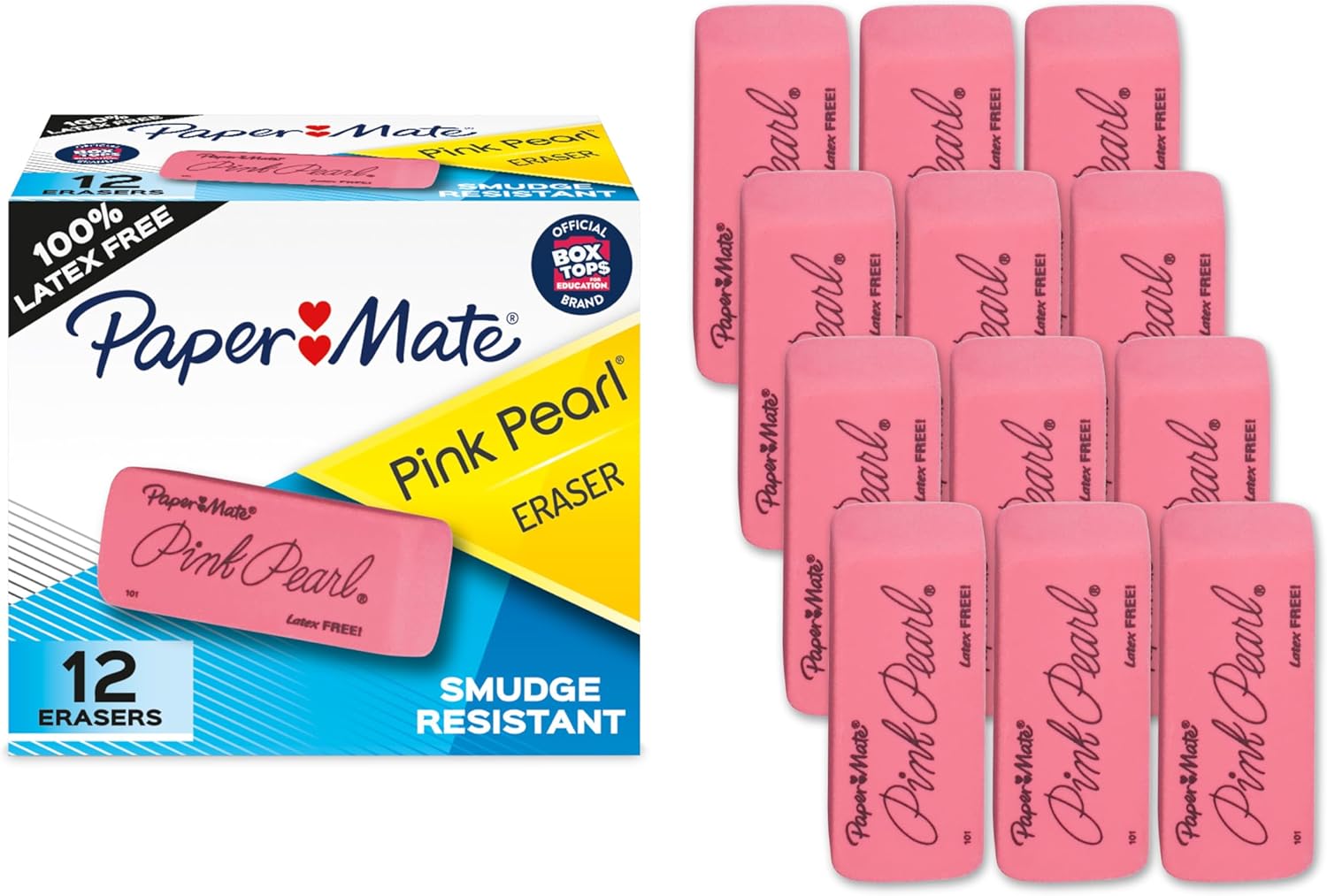 Paper Mate Erasers, Pink Pearl, 12 Count - Latex Free and Smudge Resistant, Back to School, Teacher Supplies