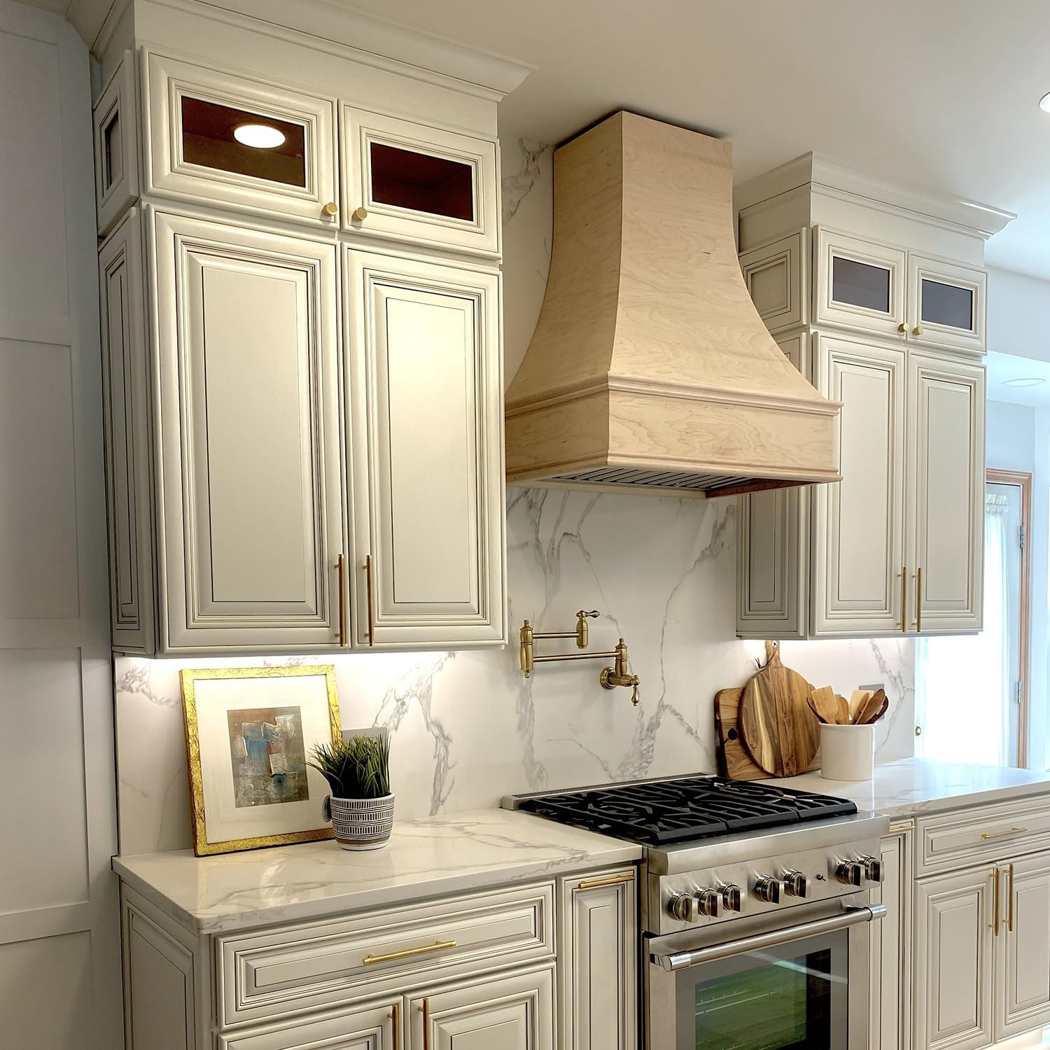 Curved Range Hood (37.5" W x 48" H) – Handcrafted in the USA – Premium Cabinet-Grade Plywood & Maple Veneer – Seamless Fit with TradeWinds Ventilation Units – High-End Kitchen Focal Point