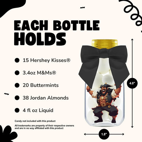 Ethisa Small 12 Pack Pirate Party Favors - DIY Candy Jars with Ribbons and Stickers - Party Decoration Bottles for Birthday, School Classroom, and Halloween - Pirate Table Centerpieces for Kids