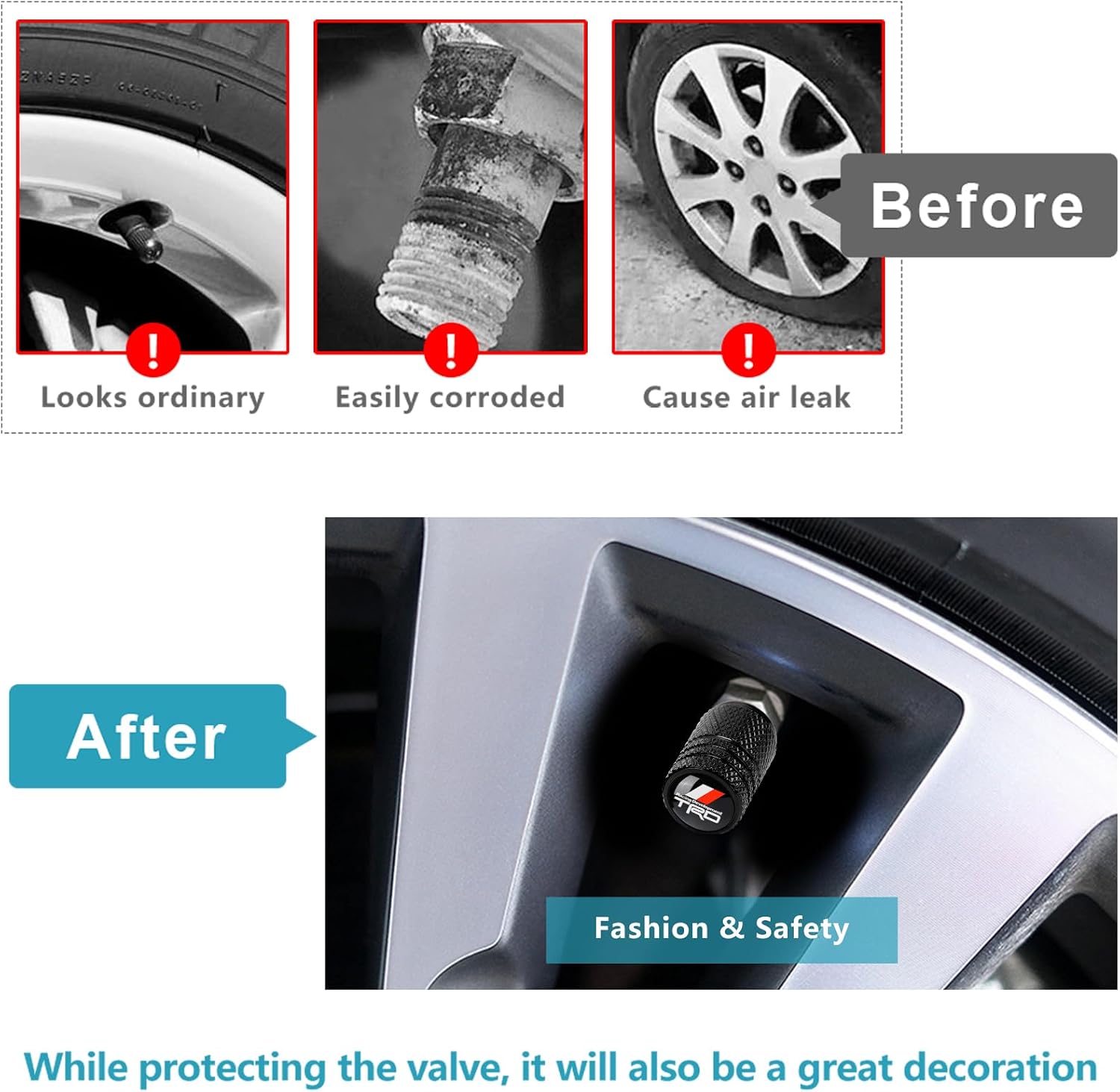 4pcs Tire Valve Stem Caps, Compatible with Toyota TRD Sequoia Tundra Tacoma 4Runner Trucks Series Stem Cap Universal Car Air Cover Car Accessories for Cars, SUV, Truck, Motorcycles Black