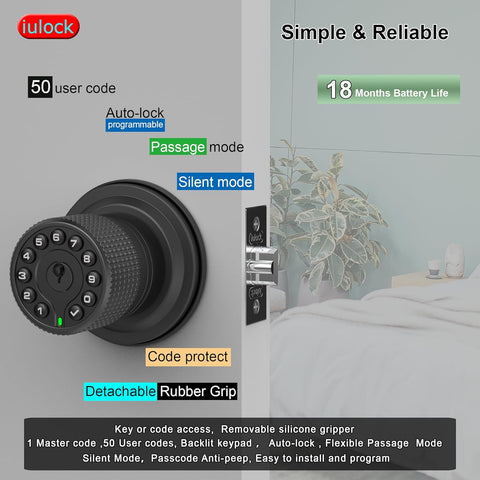 iulock Keypad & Key Smart Door Lock, 50 User Codes, Waterproof, Auto Lock - Matte Black