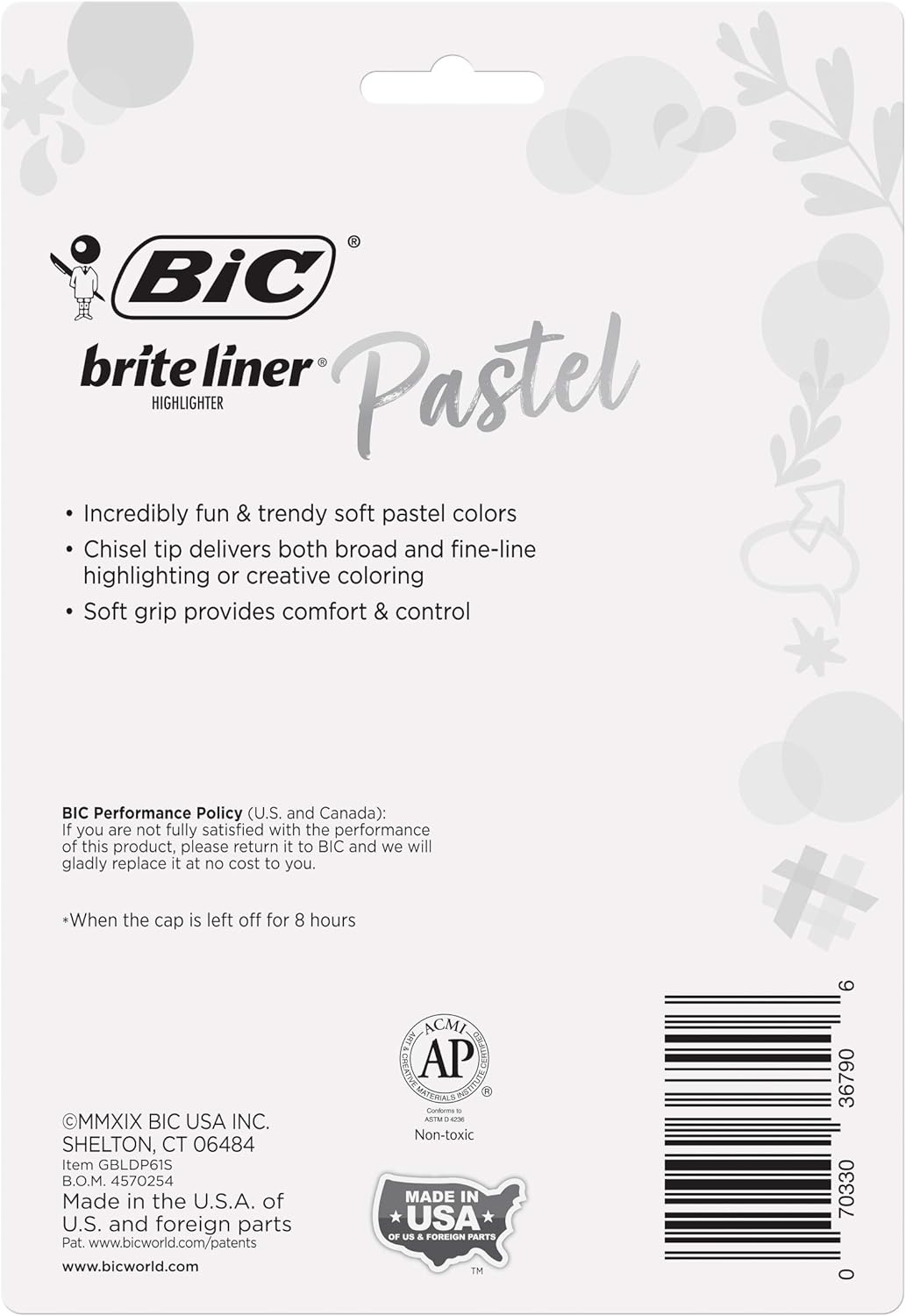 BIC Brite Liner Grip Pastel Highlighter Set, Chisel Tip, 6-Count Pack