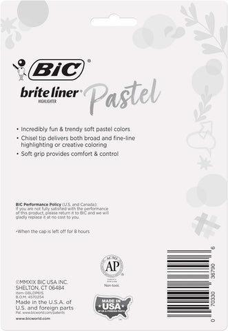 BIC Brite Liner Grip Pastel Highlighter Set, Chisel Tip, 6-Count Pack