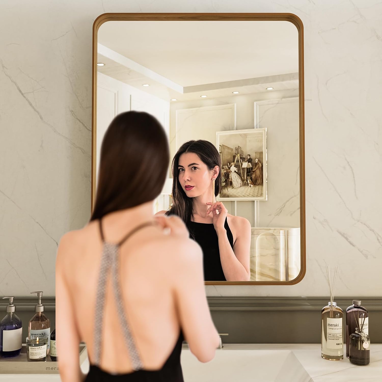 LOAAO 20X30 Inch Bathroom Mirror with Wood Grain Colored Metal Frame