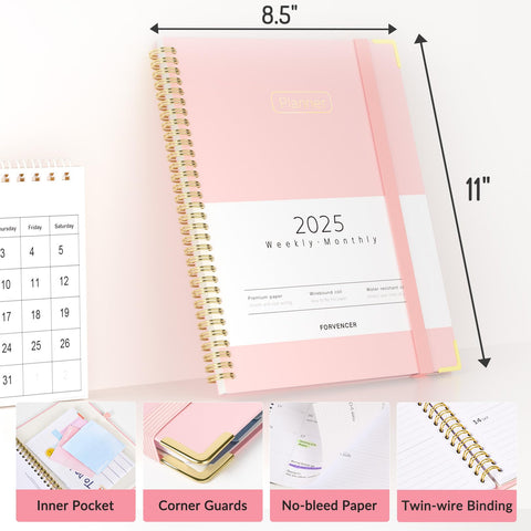 Forvencer 2025 Planner, Hardcover Weekly and Monthly Planner, January 2025 - December 2025, 8.5" x 11", Spiral Calendar Planner with Tabs, Exquisite Daily Organizer Notebook with Inner Pocket, Agenda Journal for Office Home School, A4 Size, Pink