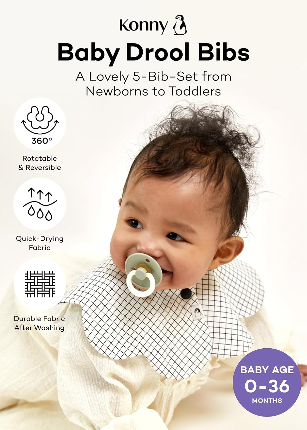 Konny Baby Bib 3/5/7-Pack Set, 360 ​​° Rotate, Soft and Absorbent Drooling for Toddler Boys Girls Baby Essentials