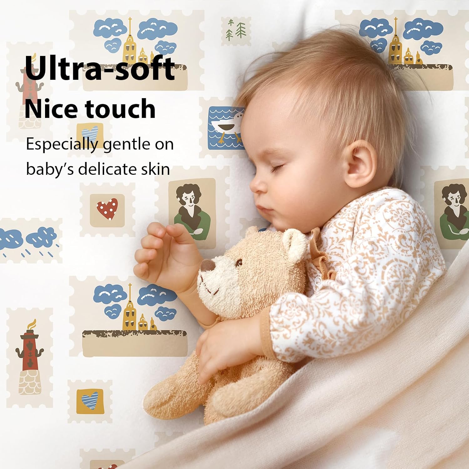 Baby Mini Crib Sheets Boy, Portable 38”x26” Pack and Play Sheets Fitted for Playard and Pack N Play Mattress, 3-Pack Soft Microfiber Blue Brown Stamp