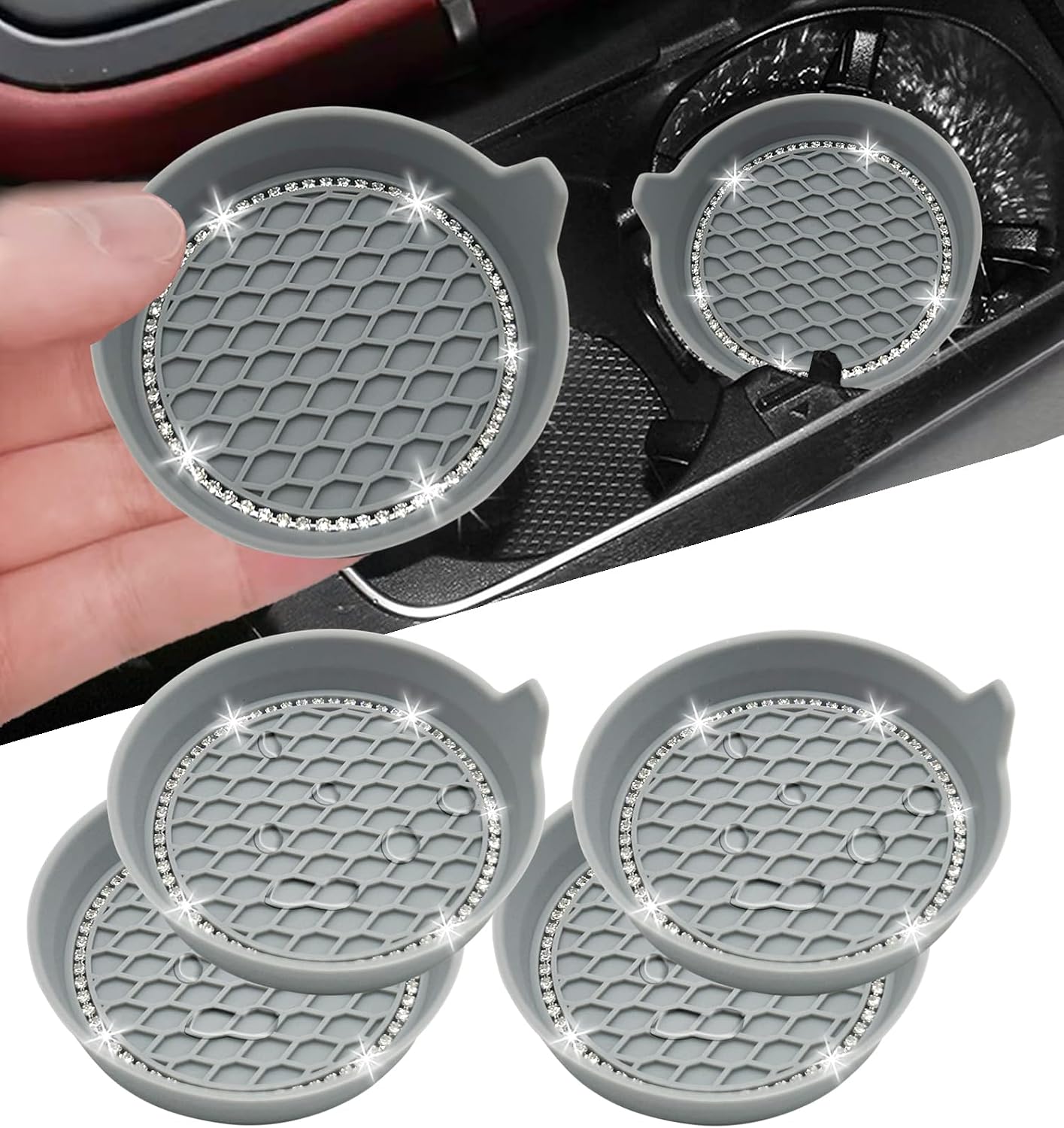 NBTEPEM 4pcs Bling Car Cup Holder Coaster, 2.75 inch Anti-Slip Shockproof Universal Fashion Coasters Insert Crystal Rhinestone Automotive Interior Accessories for Women (4 pcs, New Gray)