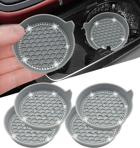 NBTEPEM 4pcs Bling Car Cup Holder Coaster, 2.75 inch Anti-Slip Shockproof Universal Fashion Coasters Insert Crystal Rhinestone Automotive Interior Accessories for Women (4 pcs, New Gray)