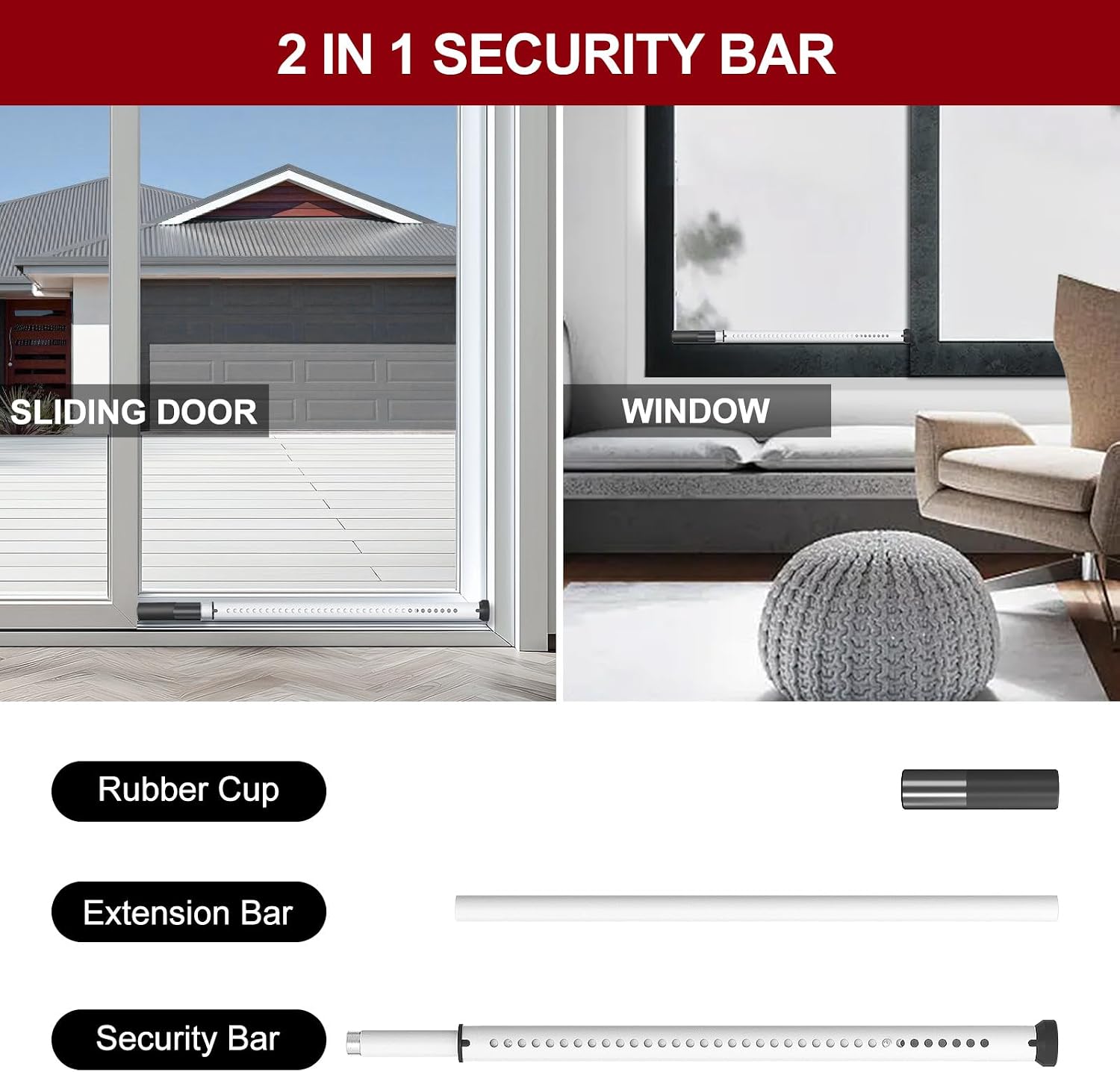 AceMining Sliding Door Security Bar,Heavy Duty Sliding Patio Door Lock Bar, 20-50inch Adjustable Multi-use Window Security Bars, Sliding Door Stopper,White,2Pack