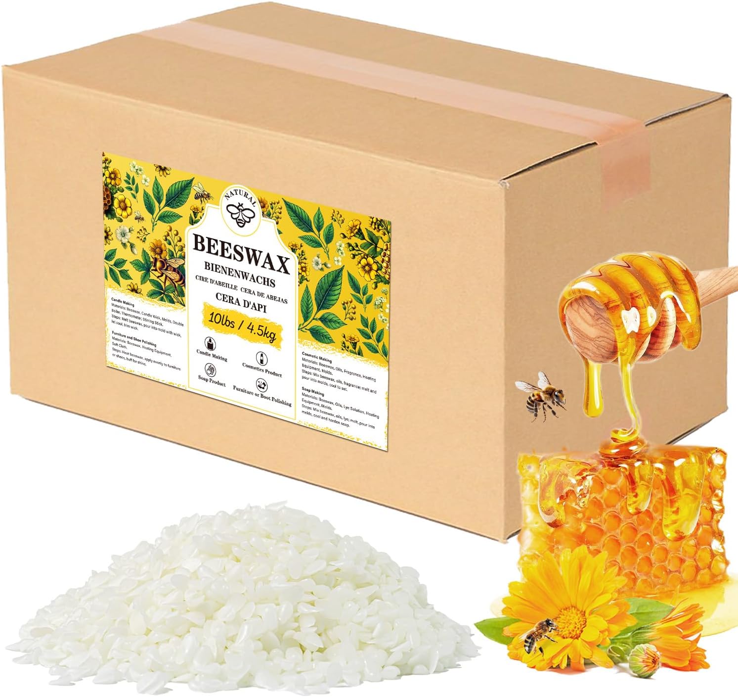 Beeswax pellets 40LB, VEGISHINE Pure Beeswax for Skin, Natural Yellow Beeswax for Candle Making, DIY Skin Care, Lip Balm, Polishing, Lotion, Soap, Candle Making Supplies